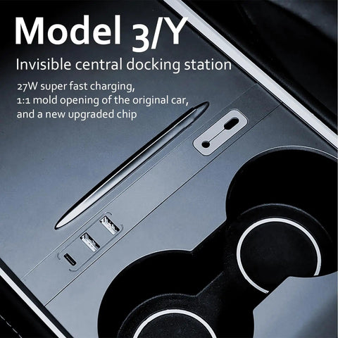 Tesla Model Y Center Console USB Hub Charger With 3 Fast Charging Ports, visible in Model Y/3 center console, sleek design