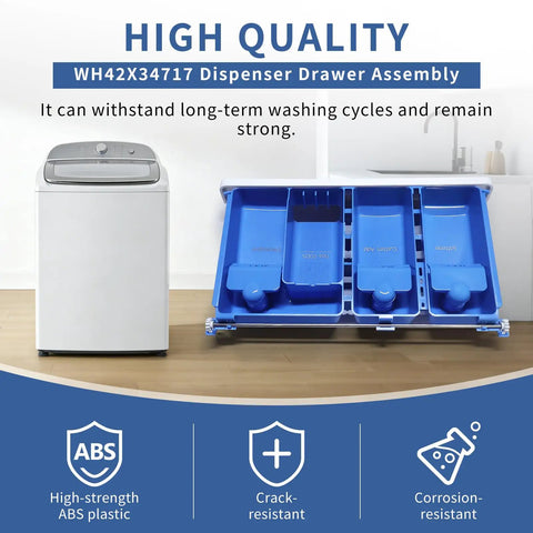 Dispenser Drawer Assembly For Front Load Washer Replaces WH42X34717 White Durable ABS Plastic With Smooth Sliding Fit Compatible With Matching Replacement Parts WH42X34191 And Related Models front view