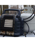 Hunting Buddy Space Heater 6K To 12K BTU Outdoor Heater For Up To 300 Sq Ft Clean Burning And Ultra Efficient Auto Shutoff If Tipped Or Pilot Goes Out Camouflage Finish For Stealthy Camp Gear next to propane tank