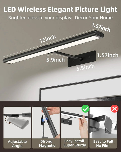 Slick Wireless Picture Light Featuring A Solid 4800mAh Battery And Strong Magnetic Mount With Ir Remote For Smooth Gallery Vibes And Dope Living Room Wall Lighting Upgrades, 16 inch adjustable design.