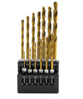 Heavy Duty 13 Piece Cobalt Drill Bit Set With Titanium Coating For Tough Jobs Like Metal Wood And Plastic Quick Hex Shank Design That Cuts Through Steel Fast Without Heat Buildup Perfect For Any Pro or DIY Guy Looking For Reliable High Speed Bits Right. 13-piece gold drill bit set in storage case