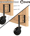 Heavy Duty Gate Caster Wheel With Bearing And Spring Loaded Shock Absorbing Mechanism, 360 Degree Rotation, 220 Lbs Capacity, installed on wooden gate, black, side view.