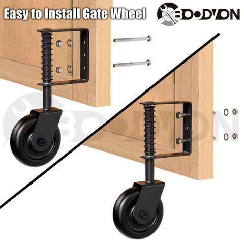 Heavy Duty Gate Caster Wheel With Bearing And Spring Loaded Shock Absorbing Mechanism, 360 Degree Rotation, 220 Lbs Capacity, installed on wooden gate, black, side view.