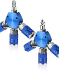 Three Way Air Hose Manifold Connectors One Quarter Inch NPT Compressor Fittings High Pressure Metal Swivel 360 Degrees Blue Two Pack Durable Air Tool Splitter And Quick Connects For Home Garage Use, two blue manifold fittings