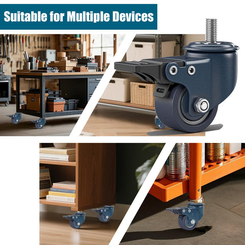 Heavy Duty M8 1.25 Threaded Stem Caster Wheels Set Of 4 1.6 Inch Swivel PU Castors With Locking Brake Blue Small Caster Wheels