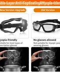 Comparative image of new and old versions of OTG Safety Goggles Over Glasses For Wearers, showing anti-fog feature enhancement.