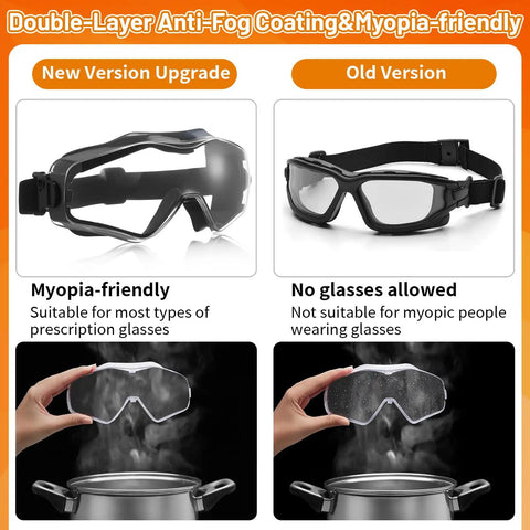 Comparative image of new and old versions of OTG Safety Goggles Over Glasses For Wearers, showing anti-fog feature enhancement.