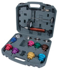 Hassle Free Cooling System Pressure Testing Kit With Extra Tough Hand Pump And Twelve Adapters For Every Domestic Rig, in sturdy case with various adapters.