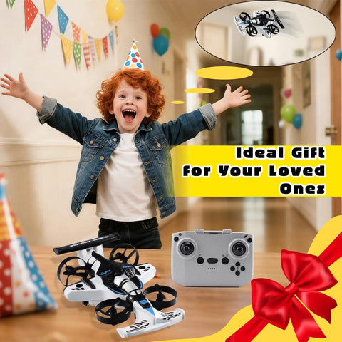Child celebrating with 2 In 1 Flying Car And Stunt Drone Dual Mode RC Quadcopter And Racing Drift Vehicle toy and remote control.