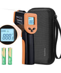 Non Contact Infrared Thermometer Gun For Cooking, Digital Surface Temp Tool For Grills And Blackstone Pizza Ovens, Minus 58F To 1022F, Backlit LCD, Auto Shutoff, Carrying Case Included, Not For Human Use with carrying case and batteries visible