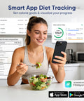 Woman using app on phone with salad bowl, representing Digital Kitchen Scale With Nutrient Calculator And Bluetooth App Tracking 24 Nutrients For Meal Prep And Weight Loss Premium Stainless Steel Food Scale Supports Calorie And Macro Tracking In Grams And Ounces 11lb Capacity.