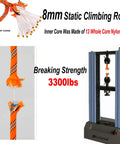 Beefy 8mm Static Climbing Rope With Two Steel Hooks For Outdoor Rappelling And Rescue in 10m 20m 30m Or 50m Lengths Testing Strength