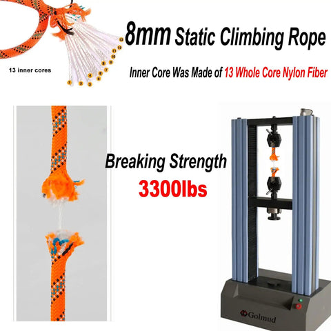 Beefy 8mm Static Climbing Rope With Two Steel Hooks For Outdoor Rappelling And Rescue in 10m 20m 30m Or 50m Lengths Testing Strength