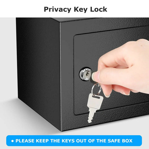Person using key on Small Steel Safe Box With Key Lock For Cash And Jewelry Hidden Security Safe Two Tenths Of A Cubic Foot
