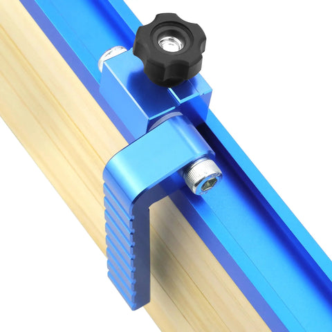 Rock Solid Dead On T Track Flip Fence Stop For Woodworking Router Tables And Saws With Five Sixteenths Inch T Bolt Universal Multi Track Compatible Die Cast Aluminum 2 Pack Heavy Duty Gear, close-up of adjustable blue aluminum clamp.