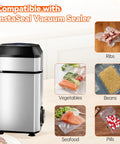 Image showing Grab And Go Vacuum Sealer Bags 60 Pack Set For InstaSeal Pre Cut Two Size 9.8 By 11.8 Inch And 7.8 By 9.8 Inch with food items.