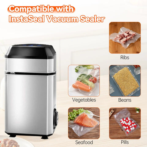 Image showing Grab And Go Vacuum Sealer Bags 60 Pack Set For InstaSeal Pre Cut Two Size 9.8 By 11.8 Inch And 7.8 By 9.8 Inch with food items.
