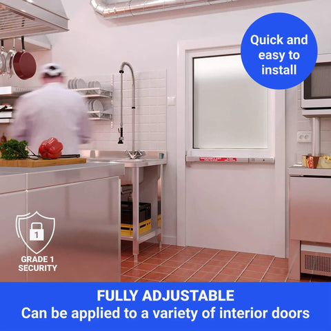 Beefed Up Panic Bar Exit Device With Alarm For Busy Doors FS 850A installed on a kitchen door with visible security signage