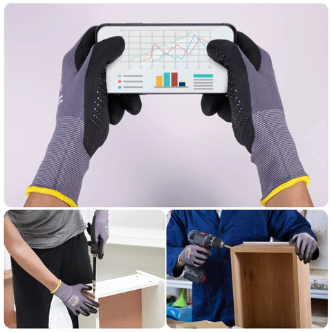 LOCCEF work gloves with microfoam nitrile coating; 6-pair set; gray knit nylon with black dotted palm for grip