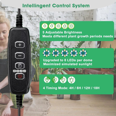Pro Grade Seed Starter Kit With Heat Mat And Grow Light control panel with adjustable settings and plant background