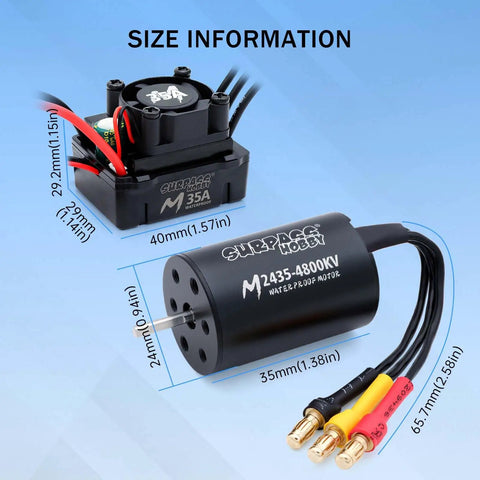 Waterproof RC Brushless Motor And ESC Combo 2435 4800KV With 35A ESC for 1x16 and 1x18 RC cars size details with connectors