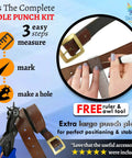 Pro Grade Belt Hole Punch Set With Ruler And Awl For Leather Craft showing belt and tools in action