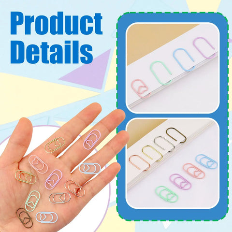 80 Pcs Heart Shaped Paper Clips Metal Journaling Clamps Colorful Cute Clips shown in hand and clipped on paper edges