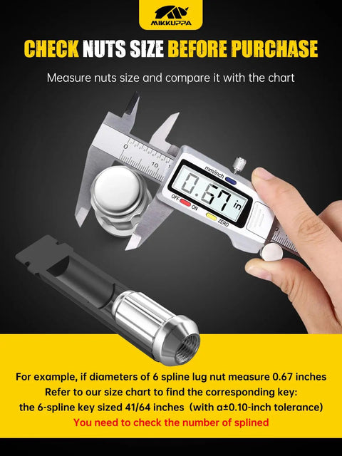 Digital caliper measuring lug nut for 8 Piece Pro Grade Spline Lug Nuts Socket Set With Locking Nut Removal Tool Kit for easy removal.