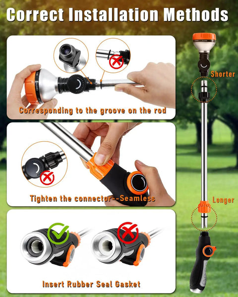 Instructional image for Long Reach 24 Inch Watering Wand With 8 Spray Patterns And 180 Degree Rotating Head installation process.