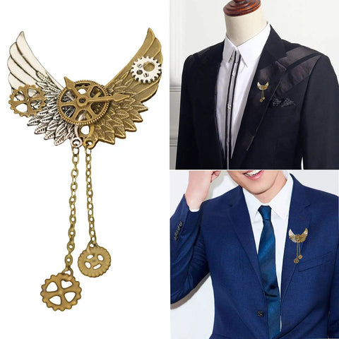 Cool Retro Vintage Industrial Gears Punk Brooch For Men And Women Distressed Bronze Mechanical Lapel Pin on formal attire.
