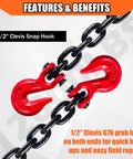 Close-up view of red clevis grab hooks on Beefy Half Inch G80 Trailer Tow Chain Ten Foot With Red Clevis Grab Hooks EP Black Finish 12000 LB WLL Logging Chain For Towing And Trailer Tie Down Everyday Use.