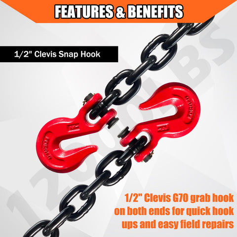 Close-up view of red clevis grab hooks on Beefy Half Inch G80 Trailer Tow Chain Ten Foot With Red Clevis Grab Hooks EP Black Finish 12000 LB WLL Logging Chain For Towing And Trailer Tie Down Everyday Use.
