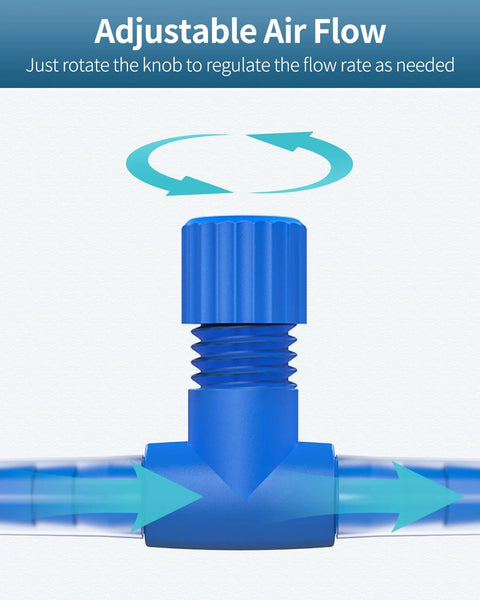 Front view of Pawfly blue plastic aquarium air control valve for 3/16 in ID tubing, adjustable flow.