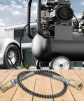 Heavy Duty High Pressure Air Hose 50cm M10x1 Thread 9000 PSI Stainless Wrap Protects Against Kinks For Hunting Diving Tanks And Industrial Jobs Built To Handle Abuse No Matter How Hard You Run Them Today. coiled hose with brass fittings on wood