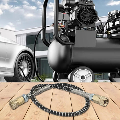 Heavy Duty High Pressure Air Hose 50cm M10x1 Thread 9000 PSI Stainless Wrap Protects Against Kinks For Hunting Diving Tanks And Industrial Jobs Built To Handle Abuse No Matter How Hard You Run Them Today. coiled hose with brass fittings on wood