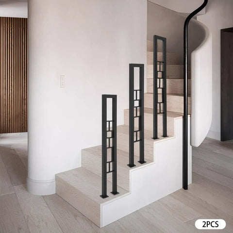 U Shaped Wrought Iron Stair Handrail Featuring Tough As Nails Rectangle Railing With Rock Solid Non Slip Base For Indoor Outdoor Porch Deck Loft Safety Support Two Pack Matte Black on modern staircase.