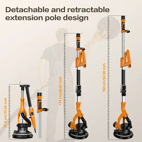 Detachable and retractable extension pole for Heavy Duty Electric Drywall Sander With Vacuum Dust Collector For Popcorn Ceiling Removal And Smooth Wall Finishing No Dust Hassle Job Site Must Have.
