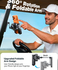 Man using Double Fold Golf Cart Phone Holder Mount With 1 Second Lock Release Magnetic Caddy, shown with foldable arm.
