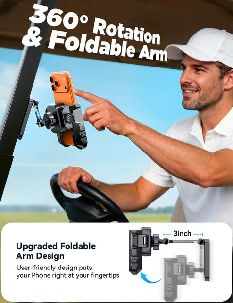 Man using Double Fold Golf Cart Phone Holder Mount With 1 Second Lock Release Magnetic Caddy, shown with foldable arm.