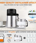 4L Countertop Water Distiller For Home Use, UL Listed 750W Stainless Steel Unit With Glass Carafe on kitchen counter