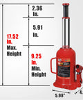 Big Red 20-ton hydraulic bottle jack with red body and side handle; min height 9.25 in, max height 17.52 in.