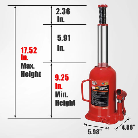 Big Red 20-ton hydraulic bottle jack with red body and side handle; min height 9.25 in, max height 17.52 in.