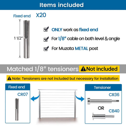 Invisible Cable Railing Kit No Visible Hardware 20 Pack For One Eighth Inch Wire Rope Fixed End Toggle Anchor Terminal Hardware For Hollow Metal Posts Stainless Steel T316 Stair Angle Deck One Post Corner CR07 components list with tensioner options CR36 and CB40 displayed.