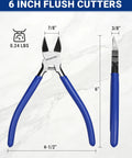 Six Piece Wire Cutters Set With Six Inch Precision Flush Cutters Plus Side Cutters crafted from carbon steel, measuring 6 inches.