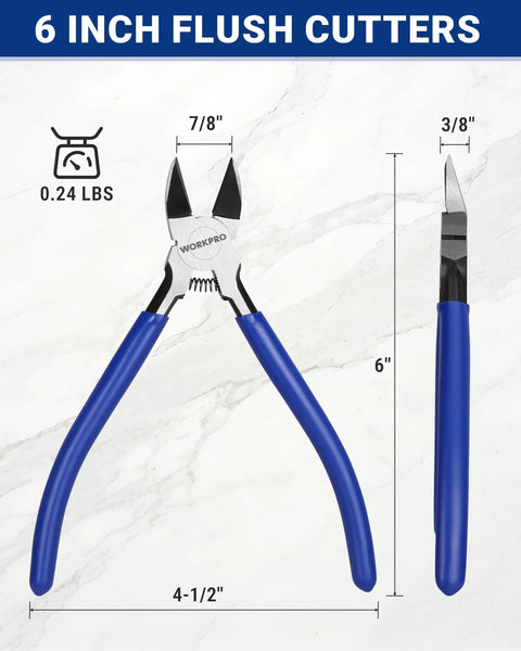 Six Piece Wire Cutters Set With Six Inch Precision Flush Cutters Plus Side Cutters crafted from carbon steel, measuring 6 inches.