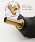 Matte Black Waterfall Bathroom Faucet With LED Temperature Indicator 8 Inch Widespread Three Hole Vanity Sink Faucet With Dual Knobs Sleek Modern Waterfall Style For Master Bath shown with brass connector and flow labels