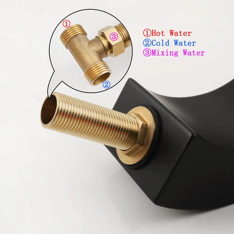 Matte Black Waterfall Bathroom Faucet With LED Temperature Indicator 8 Inch Widespread Three Hole Vanity Sink Faucet With Dual Knobs Sleek Modern Waterfall Style For Master Bath shown with brass connector and flow labels