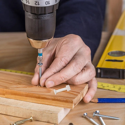 Cross Head Countersunk Screw And Nut Kit With Transparent Acrylic Nuts, 100 Piece Set For Durable Machine Screws And Hex Nuts, DIY Friendly For Easy Home Furniture Assembly And Stands, Clean Hidden Hardware Look installed in wood with drill