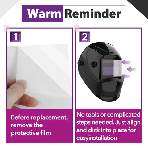 Warm reminder for Heavy Duty Replacement Welding Lens Kit For LYG L600A Helmets showing protective film removal and installation steps.