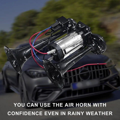 Badass 12V Dual Trumpet Air Horn Kit With Heavy Duty Compressor, showing dual trumpets and compressor, designed for rainy weather use.